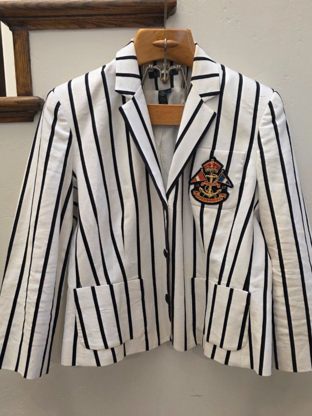 LAUREN Ralph Lauren Women's Lrg White Black Striped Blazer Jacket Crest 1967 - Picture 2 of 9